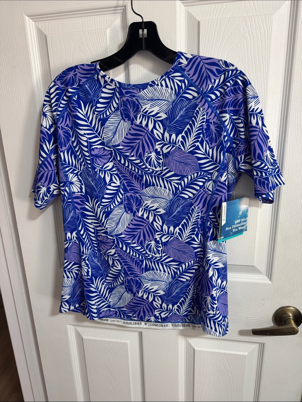 Coolibar Blue, Purple & White Leaf-Print UPF Short Sleeve Tee